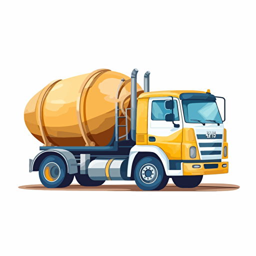 concrete mixer truck iwth wooden barrel, simple forms, flatart, 2D vector style, cartoon, white background, side view