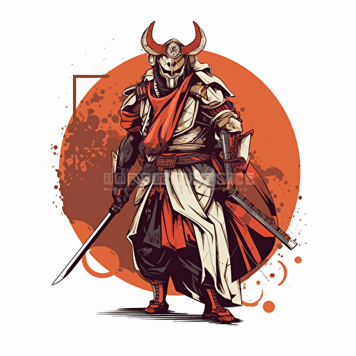 nanopunk style samurai warrior, ancient, futuristic, 2d, vector, white background