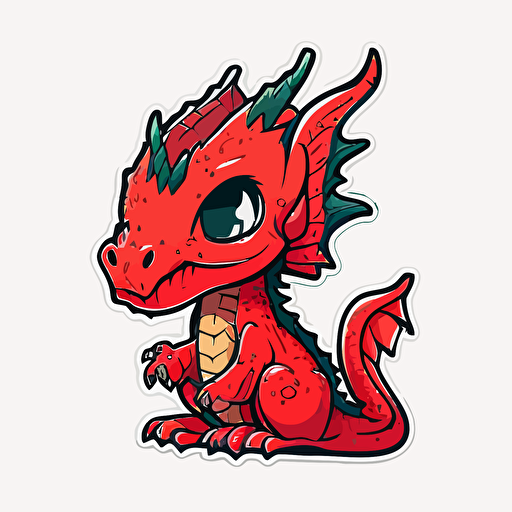 kawaii red dragom, sticker, vector, white background, contour, cartoon style