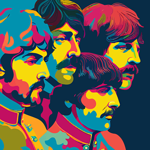 art dynamic performance, four Beatles playing music from front, upper body, uniform Sgt. Pepper's Lonely Hearts Club Band, detail rich vector illustration in the colors , yellow red blue turquoise pink