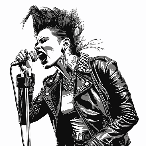 black and white felt pen ink vector illustration of a psychobilly vixen singing her heart out, leather jacket, spiked hair, beautiful, epic, on white tinfoil