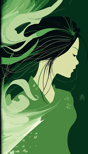 faceless beautiful asian lady embodying the wind, green background, vector art,