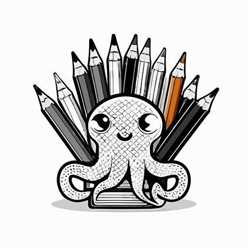 logo of an octopus holding pencils and books, cartoon style, line, vector, black on white background