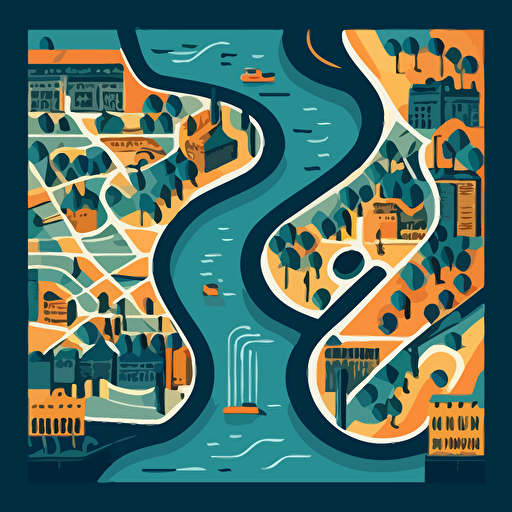 a flat 2d vector map of a city with a a river in the middle