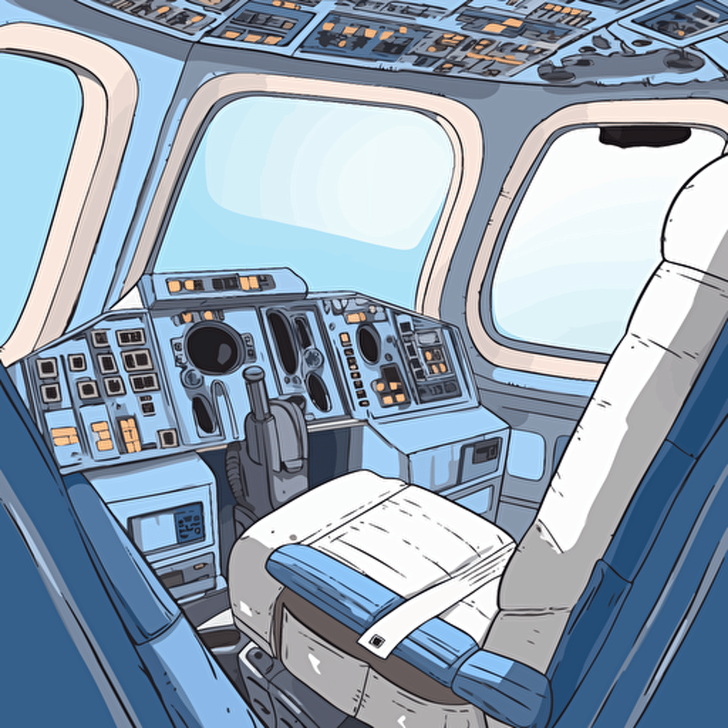 R2D2 in the cockpit pilot seat of a Boeing 747. Outside the windows there is bright blue sky and sunshine. vector drawing childrens book