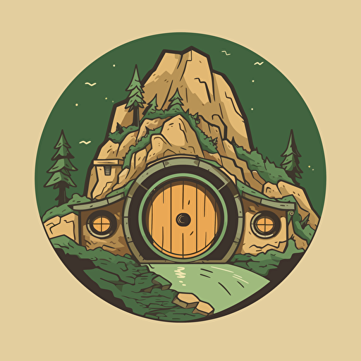 logo design, flat 2d vector logo of a hobbit hole, muted green and gold colors, 80s, lord-of-the-rings-inspired