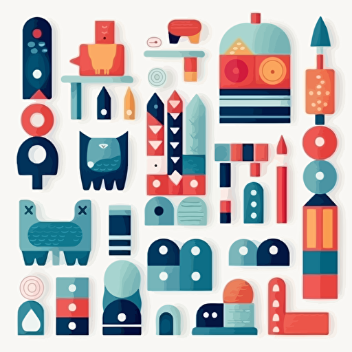 illustration colorful assorted wooden toys, scandinavian design, vectors
