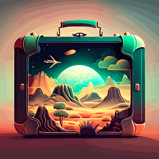 An illustrated scene of a briefcase with a space scene around it. Vector. Moody
