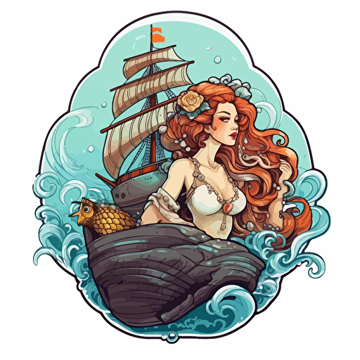 mermaid with ship captain digital art, vector, hyper-detailed, white background, sticker,