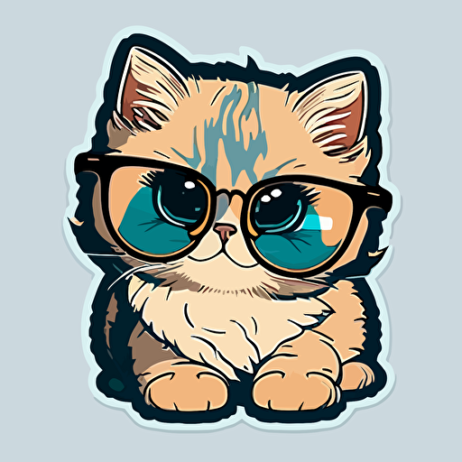 Very cute kitty with glasses pixar style, 2d flat design, vector, cut sticker
