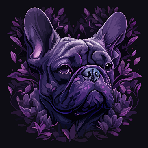 a head of a dark french bulldog surrounded by purple hearts , super detailed, vector