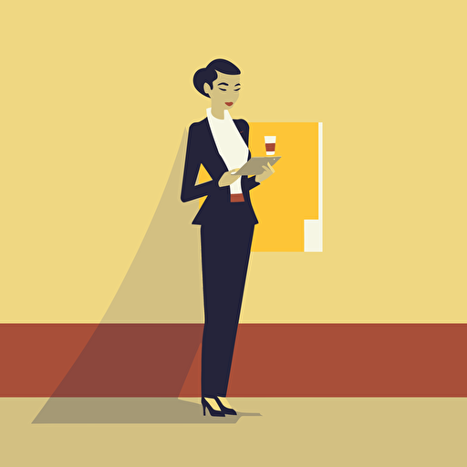 A vector image of a female executive with an ipad in one hand. Standing. Nice outfit. In a bar.