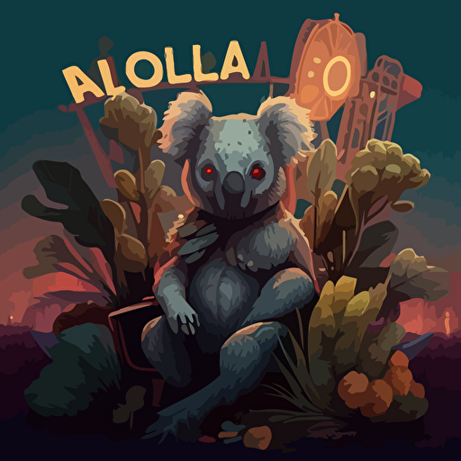 illustrate a detailed avatar of a koala sitting in a chair facing the foregorund, surrounded by magical glowing plants, shrubs, trees, dead roses, with a view of a abandoned city, broken carnival rides in the background, broken billboard. Set from vacant woods in the foreground. Incorporate a gloomy and dreadful vibe to evoke a sense of eerieness and wonder. Use a digital painting style reminiscent of Thomas Kinkade and James Gurneya illustration, drawing, flat illustration, vector style