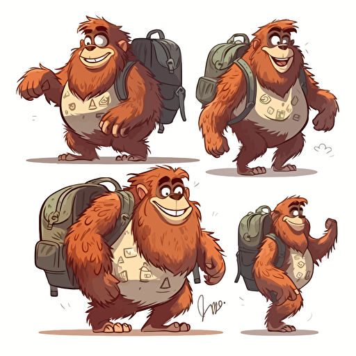 cute childish bigfoot looking straight ahead with a school bag on his back, vector style, multiple poses and expressions, white background