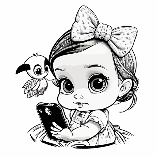 A cute baby caw, vector, black and white, coloring page, disney on selfie