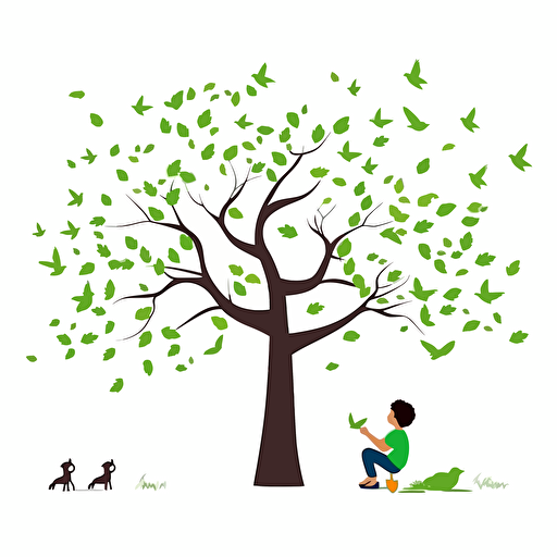 Vector tree, each leave has a different shape, 5 branches, flat design, 2d, white background, minimalistic design, a child is playing under the tree,