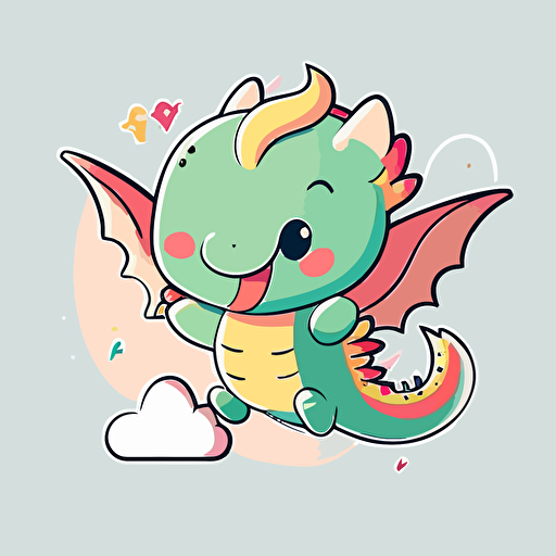 dragon, flying, mascot, kawaii, cute, comic style, illustration, 2d, vector, flat, white background,