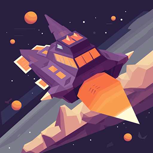 spaceship flying in space, satellite, asteroids, 2D, vector, flat art, fedex purple and orange
