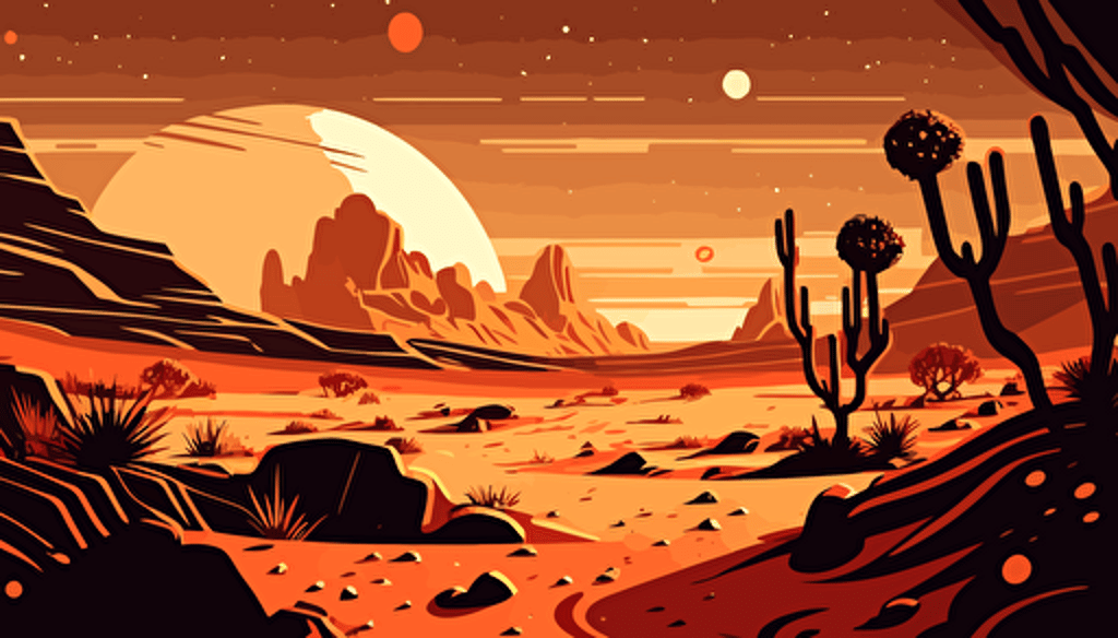 mars desert valley planet landscape,wide angle,night time,comic,anime style,vector,