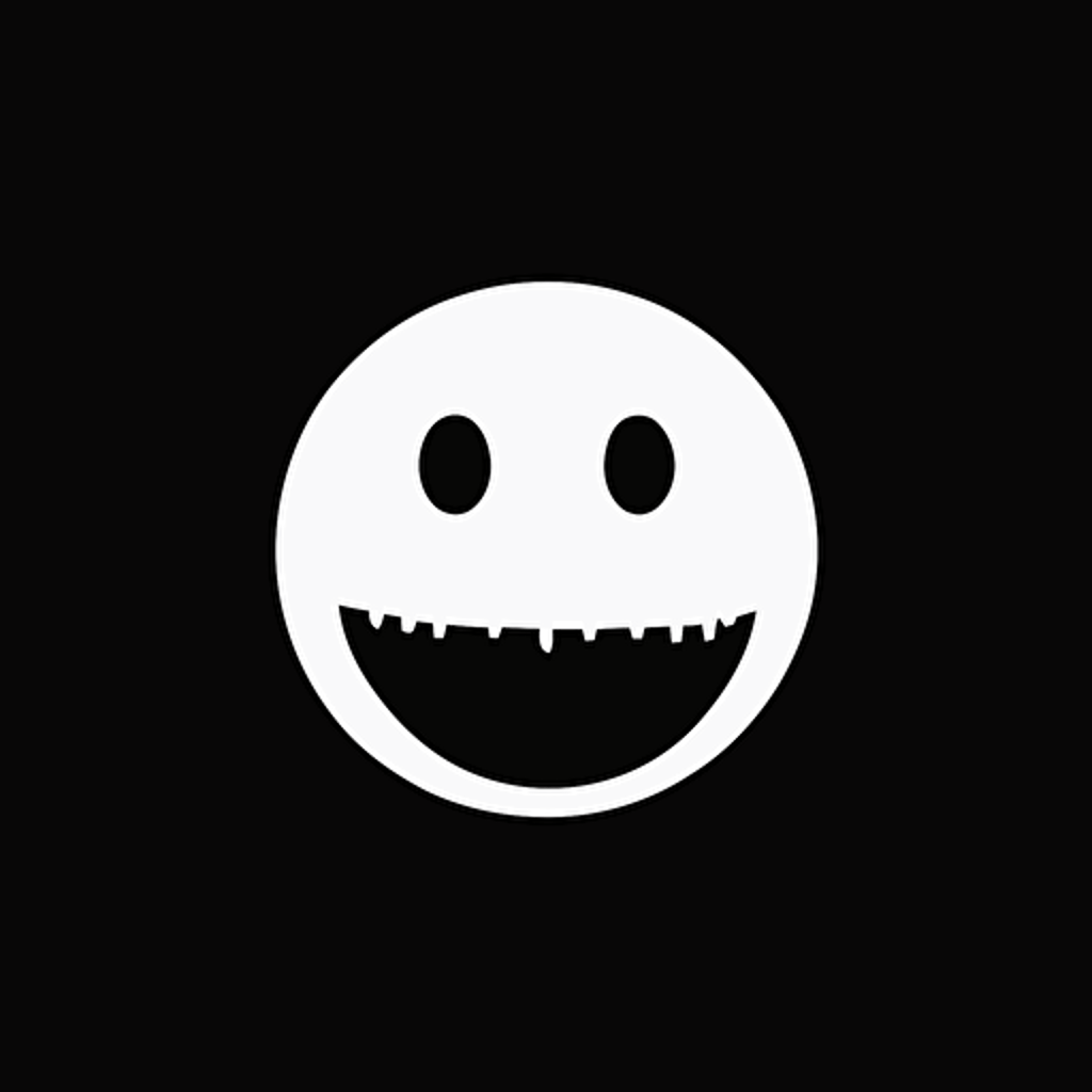 creepy smiley face, Banksy style, black background, large closed shapes, fantasy roboter, white space to fill, abstract, artistic, pen outline, white background, very simple, full field of view, centre, minimalistic logo vector art , simple flat vector logo