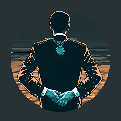 a close up of a man's hands in handcuffs behind his back, art deco, minimalist, vector, cryptocurrency style
