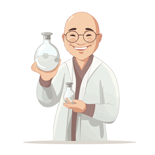 a chinese scientist holding a flask wearing lab gown bald no eye glasses smiling, happy face, 2d art, vector no glasses, no eye wear.