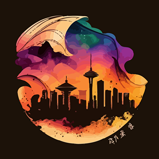 colorful vector art, chinese dumplings, background is a silhouette of taipei 01 with galaxy, galaxy vector art