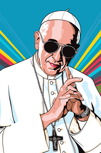 pope francis, wearing a white stylish gen z popstar suit, 80s comic style vector poster