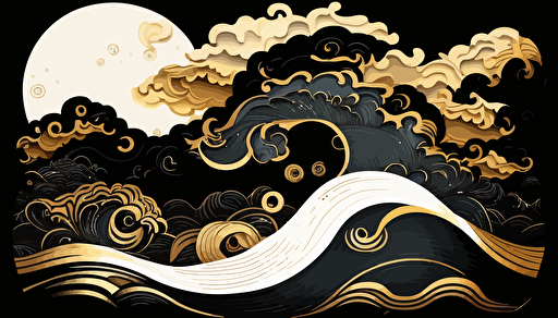 Ocean wave and cloud , Vector, Cool color pallette | Gold | white | black, Style of Thai traditional art.