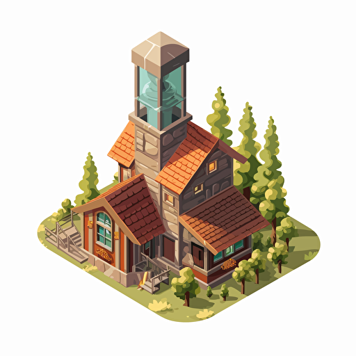Cartoon vector style wooden hut with chimney, house of park ranger, isometric view, transparent background