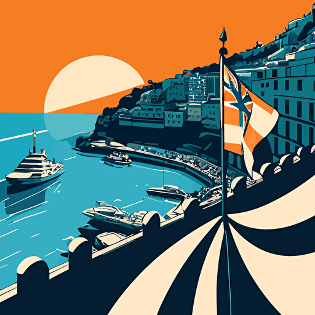 simple vector illustration of the hairpin corner at Monaco, the sea is in the background. There are yachts in the harbour. Blue and orange colours only, simple, uncluttered