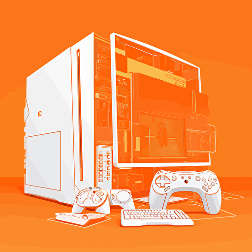 2D vector PC with Playstation and Xbox in minimalism cyberpunk style and in orange colors. Background white