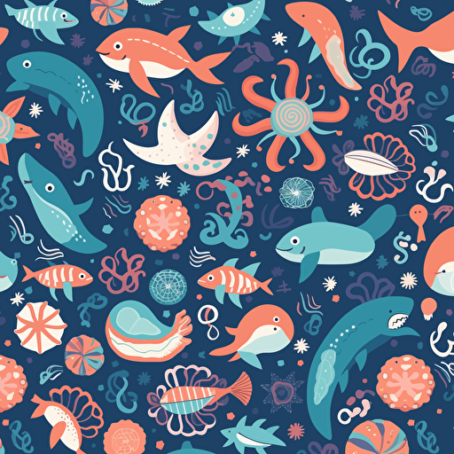 flat pattern featuring sea animals wearing beachwear in a cartoonish style, fun, playful, design should include octopus, sharks, fish, starfish, and stingrays, color scheme should be pastel and soft, whimsical and dreamy feel, vector, illustration