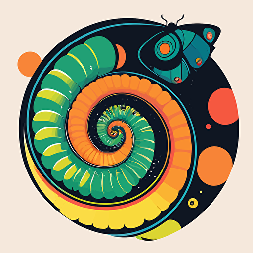 catterpillar transformation into butterfly, illustration, 2d, simple, vector art, creative, colorful, circular