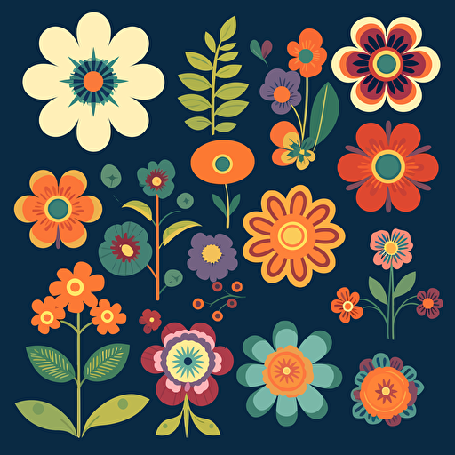 70s retro flowers sticker designs, flat vector, made in illustrator, high quality
