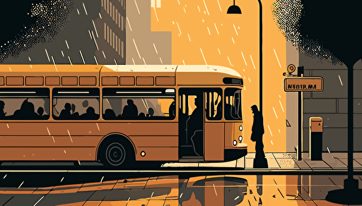 a sherphard fairey illustration of a bus stop in the middle of an urban street, the bus stop is facing the audience at a flat angle, vector,