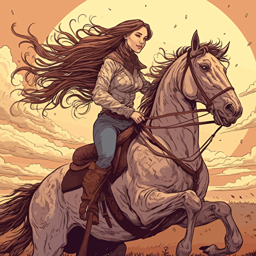 highly detailed vector illustration of a girl with long hair blowing in the wind riding a big horse on a ranch