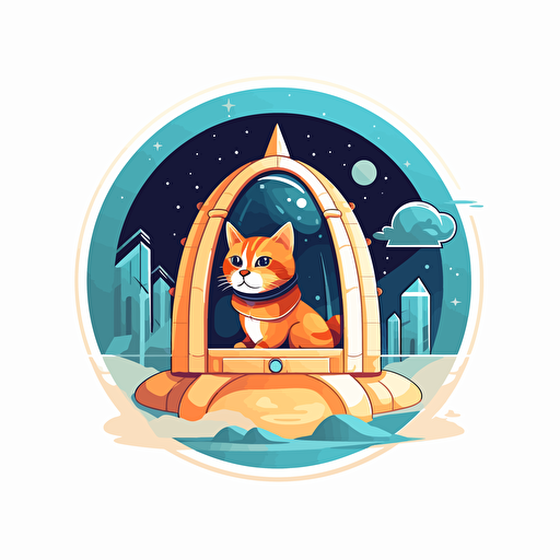 vector drawing of a rocketship with a cat in a space suit peeking out the window on a white background