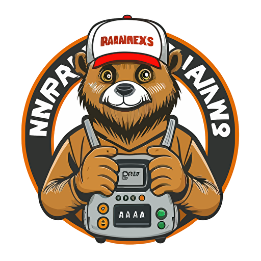 Logotype friendly electrician bear using multimeter, with text: "Rymarks Elektriska", white background, vector style