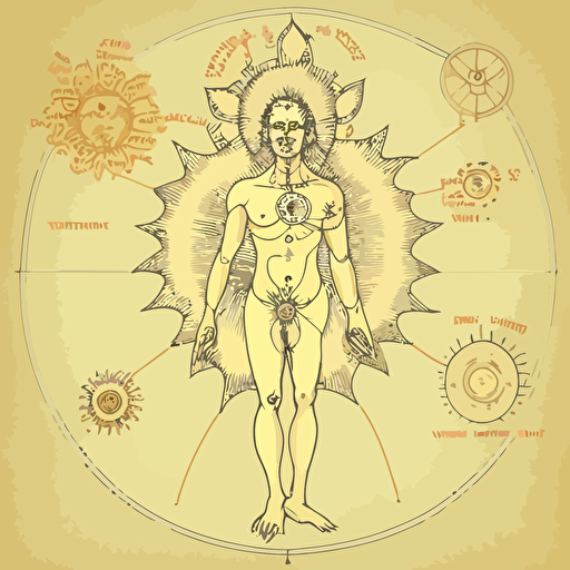 sun moon masculine feminine sattvic balanced energy lotus blossom focus jivamukti kundalini shankara upanishad ideal teacher strength poise dexterity humility albrecht durer vector illustration line drawing diagram detail snake chakras subtle anatomy bliss body enlightenment principle unity wholeness self realization moksha detailed beautiful transfixing