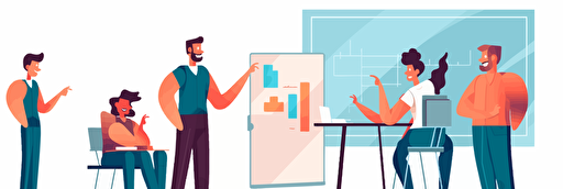 Fun, a manager explaining a lesson to a few people, start-up office room, colorful vector illustration for slide presentation, flat color palette, total white background, true white background