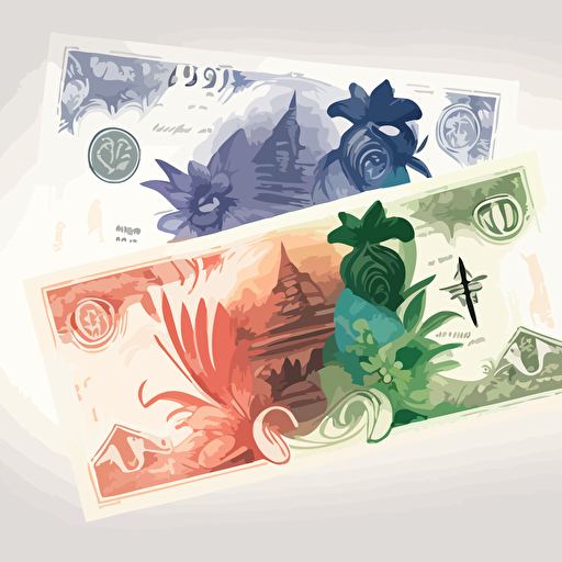 beautiful watercolor fantasy banknotes with ancient Polynesian imagery and symbols, vector art, slight anime style, medium detail