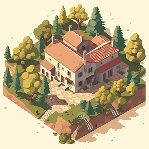 old spanish villa, single story, hill, forrest, picturisque, isometric, vector, kids