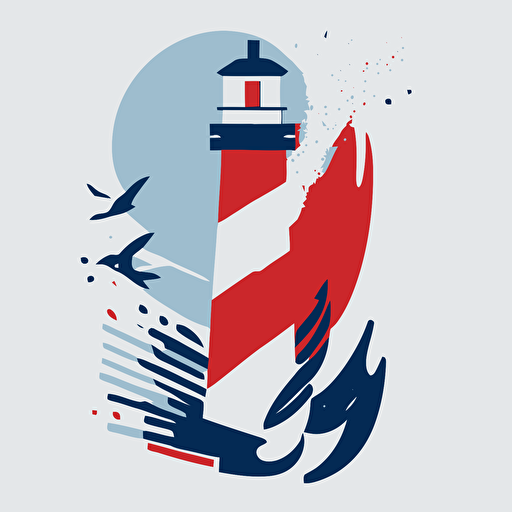 a flat vector style bauhaus logo of a paintbrush merged with a lighthouse and gulls, geometric, super simple, blue,white,red colors