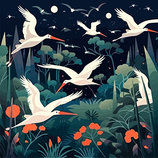 Flat vector illustration, a flock of white storks flying to the bamboo garden to spend the night, using appropriate colors