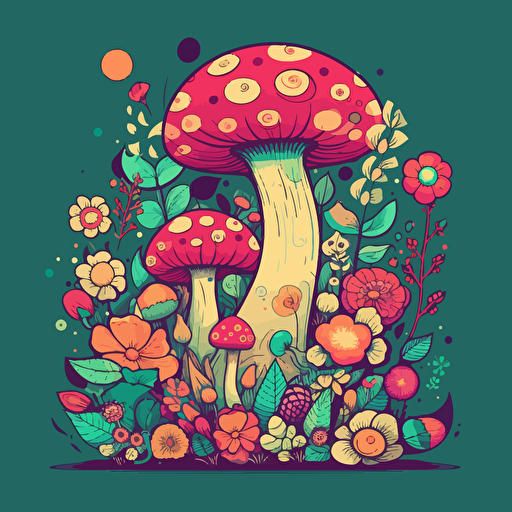 2d Vector image, Colourful, Mushroom and flowers, Stylised