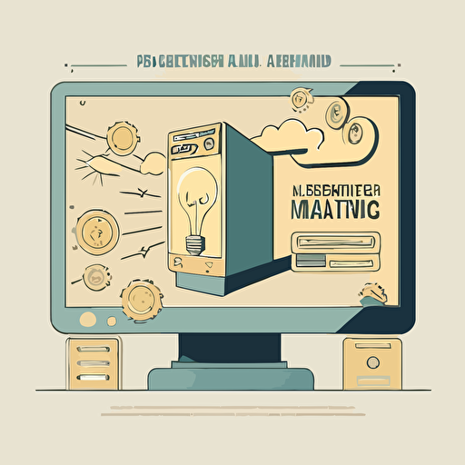 Demonstration of online advertising, flat style illustration for business ideas, flat design vector, industrial, light and magical, high resolution, engineering/ construction and design, colored cartoon style, light indigo and light gold, cad( computer aided design)