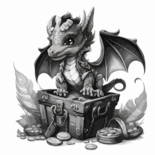 cute dragon with treasure, fantasy art simple, black and white, vector art, no background