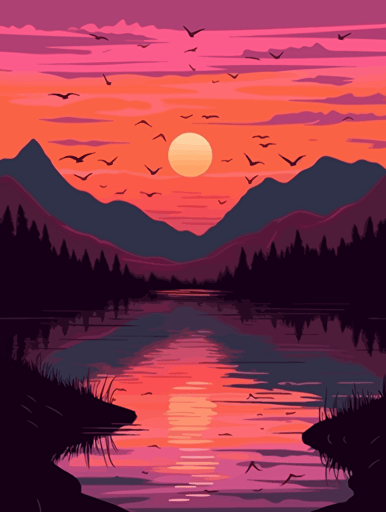 flat vector illustration, mountains, sunset, lake, detailed,