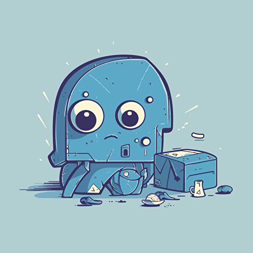 vector doodle minimalist, an sad bird shaped blue robot on background giftboxes